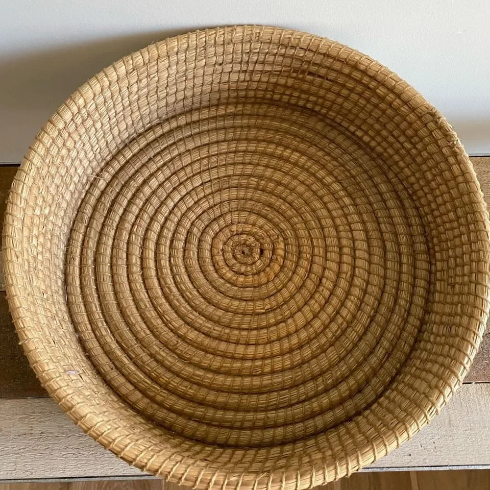 Decorative Basket Natural White & Gray Round Woven Seagrass Boho Coastal Farmhou